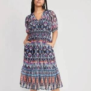 Old Navy Waist Defined V Neck Chiffon Ruffle Midi Dress Southwestern Print XL